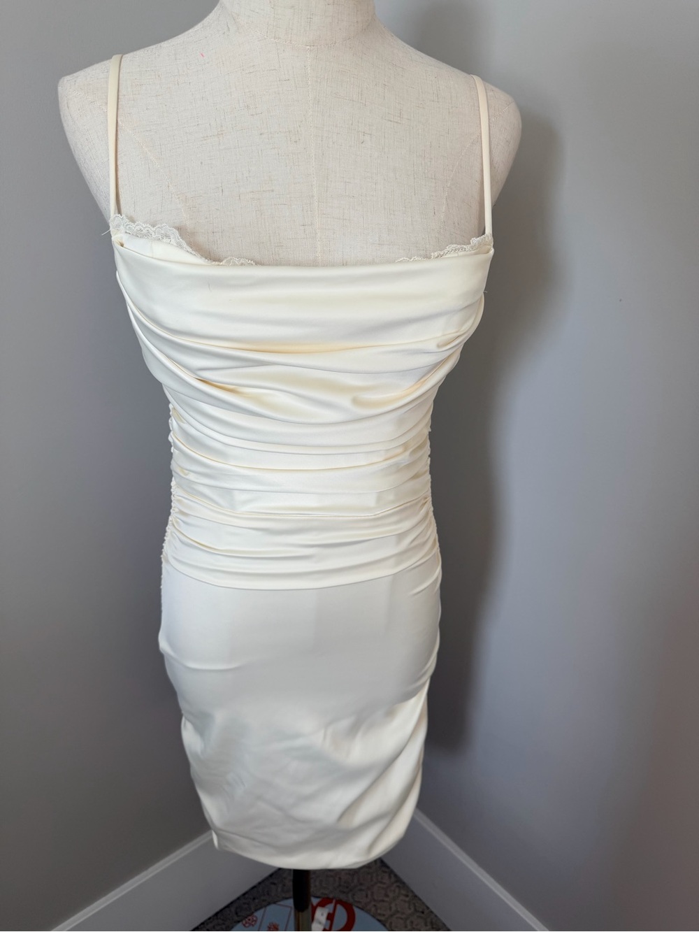 Oh Polly Cream Satin Ruched Mini Dress
